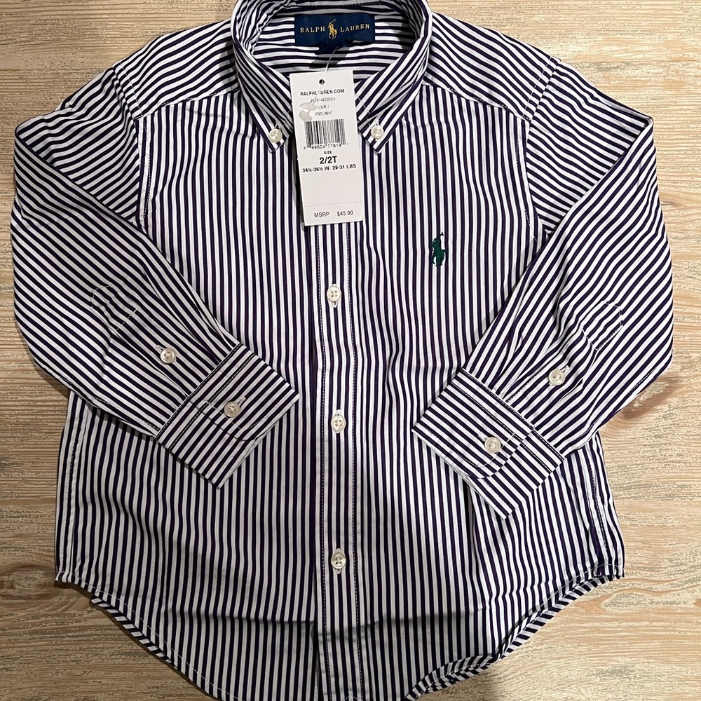 Ralph Lauren Collard Button Down 2T Deep Purple & White Stripe NWT